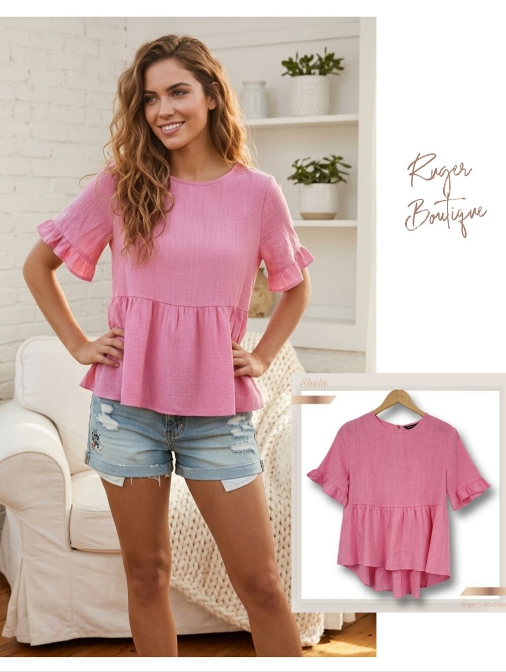 🌿SHEIN Women's Medium Pink Linen Style Cotton Flounce Sleeve Blouse